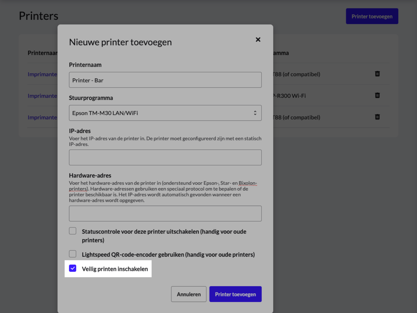 Het vakje Veilig printen inschakelen is aangevinkt en uitgelicht