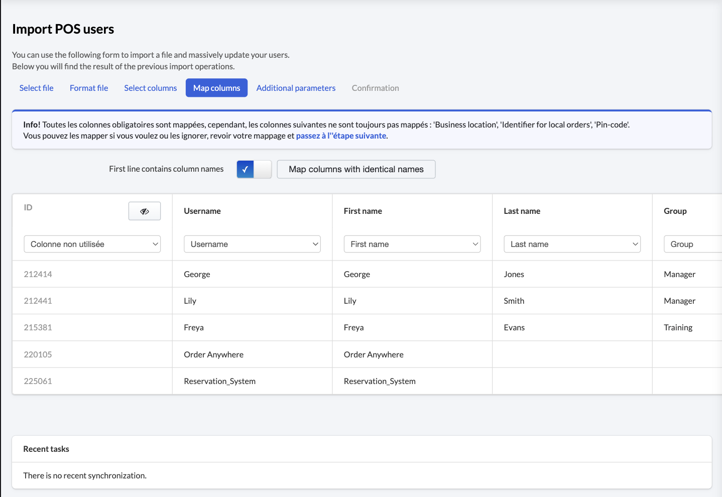 Image displays the 'Map columns' tab of the import wizard