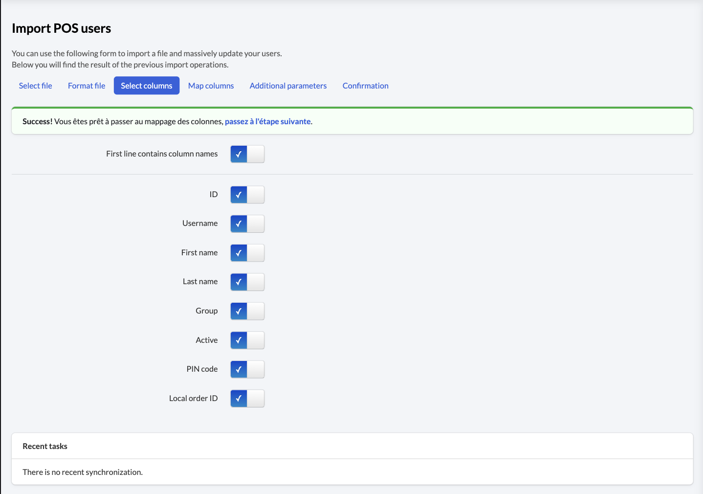 Image displays the 'Select columns' tab of the import wizard