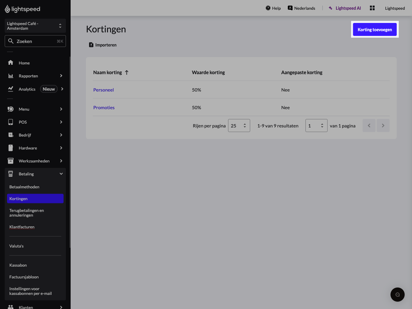 De landingspagina Kortingen in Lightspeed Restaurant Backoffice. De knop met de titel 'Korting toevoegen' is uitgelicht.