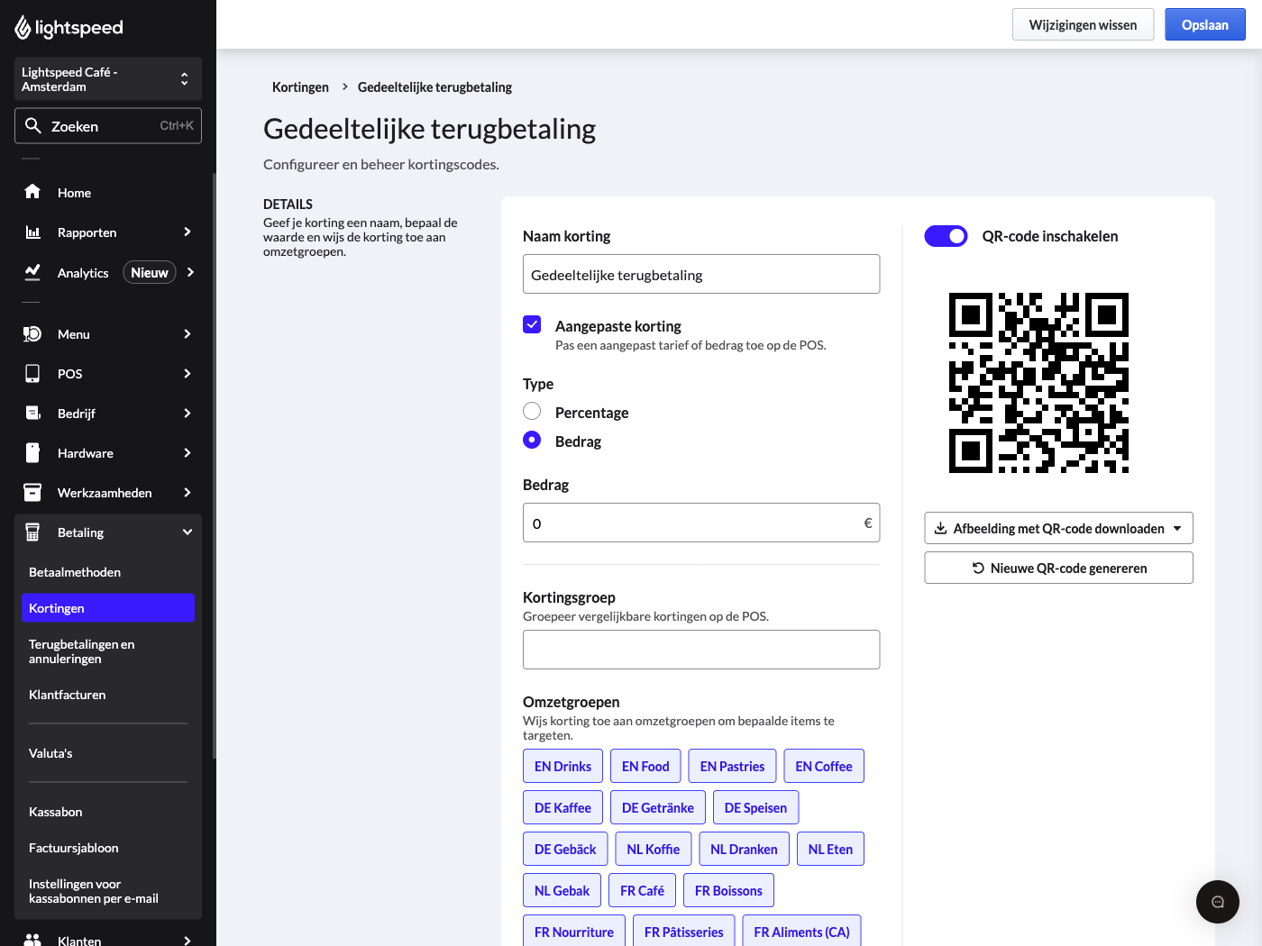 De instellingenpagina voor de korting met de titel 'Gedeeltelijke terugbetaling'. Voor de korting zijn de instellingen 'Aangepaste korting' en 'Bedrag' geselecteerd.
