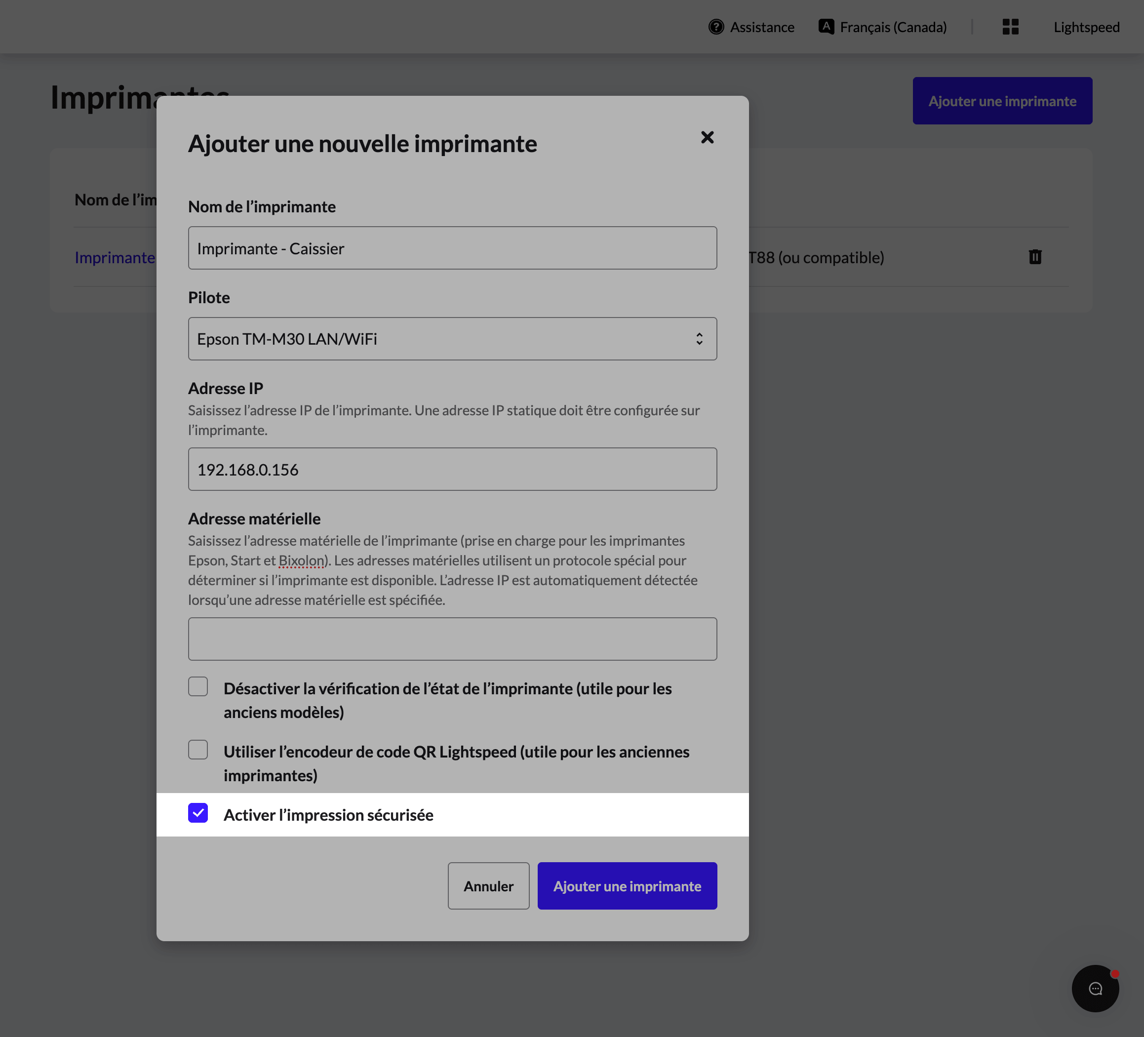 La case Activer l’impression sécurisée est cochée et mise en évidence.