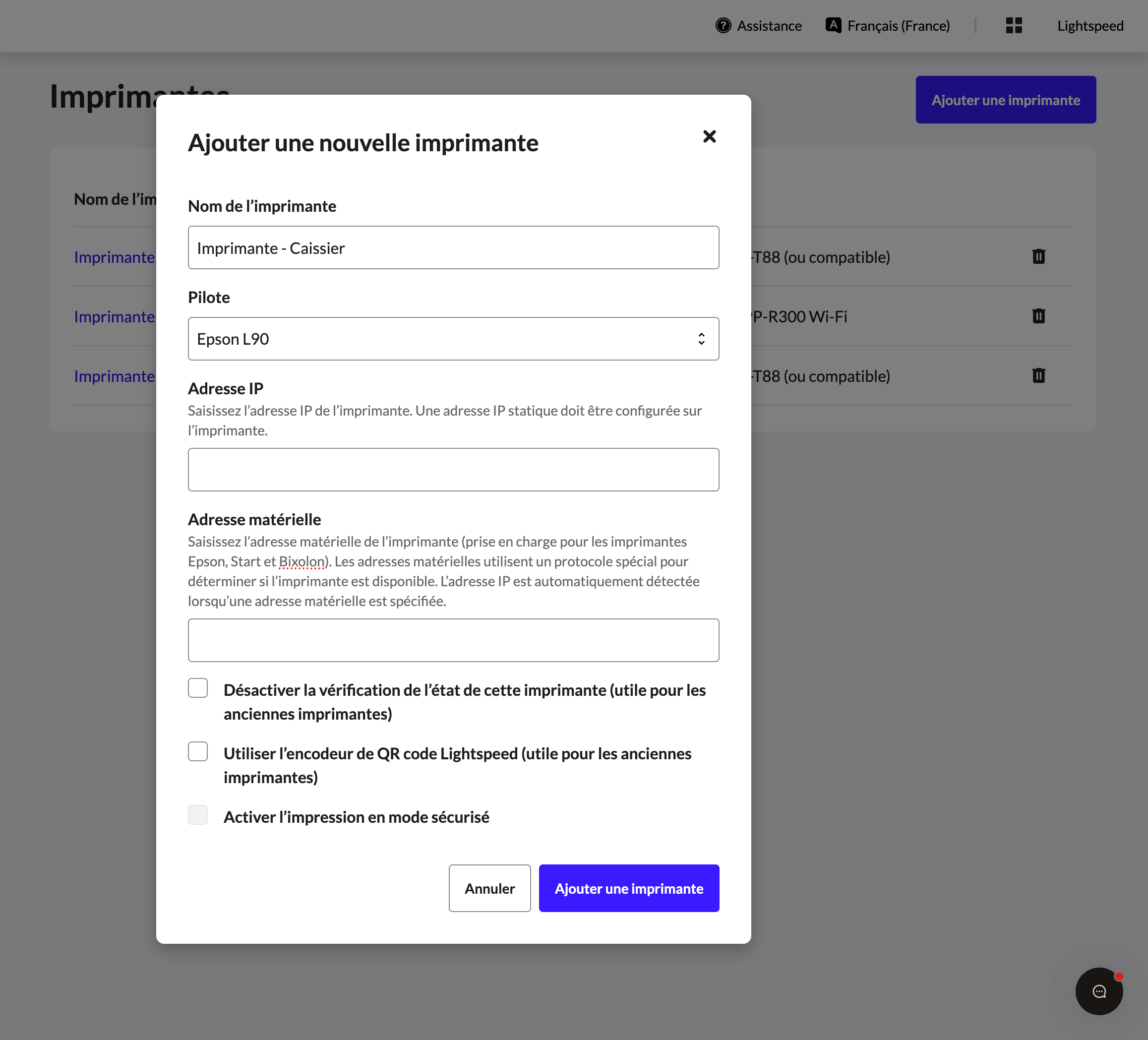 Fenêtre contextuelle permettant d’ajouter une nouvelle imprimante au back-office Lightspeed Restaurant.