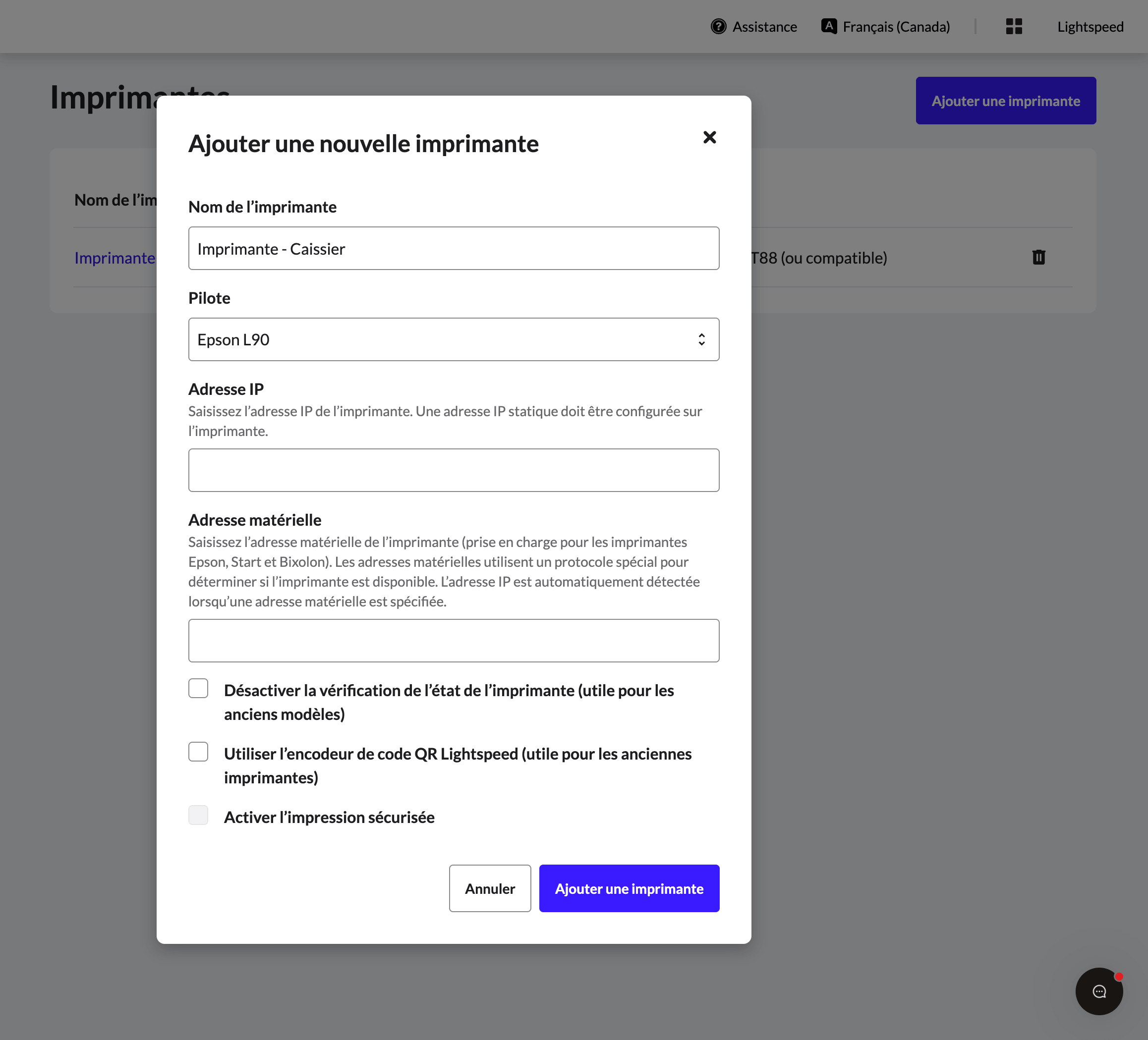Fenêtre contextuelle permettant d’ajouter une nouvelle imprimante à l’arrière-boutique Lightspeed restaurateurs.