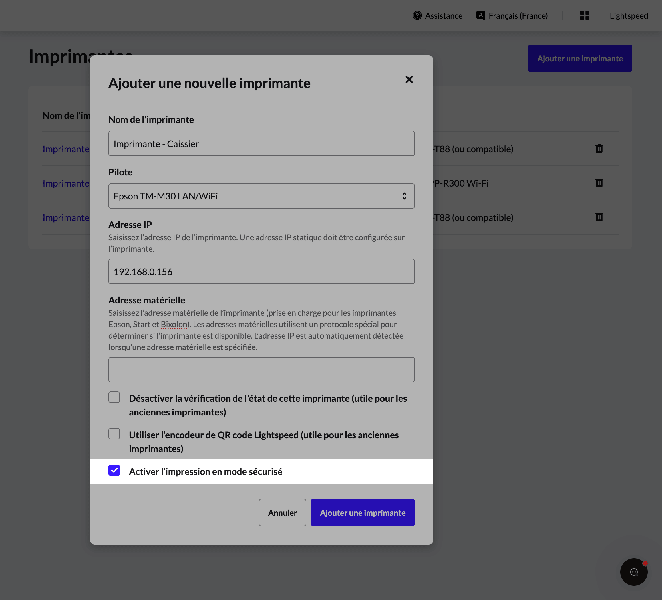 La case Autoriser l’impression en mode sécurisé est cochée et mise en évidence.