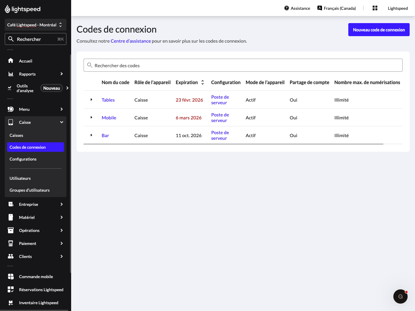 Page Codes de connexion de l’arrière-boutique.