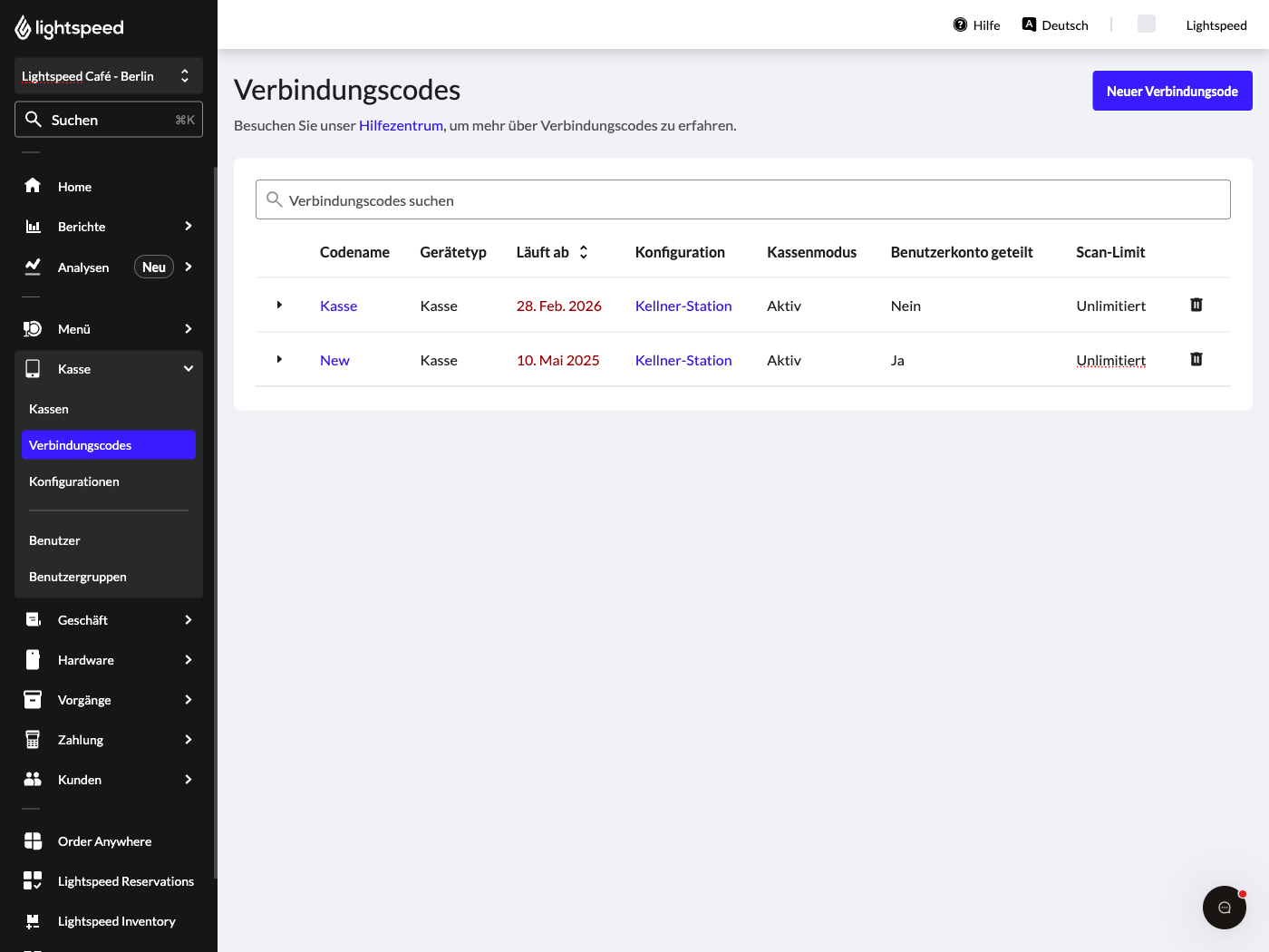 Seite im Backoffice mit den Verbindungscodes