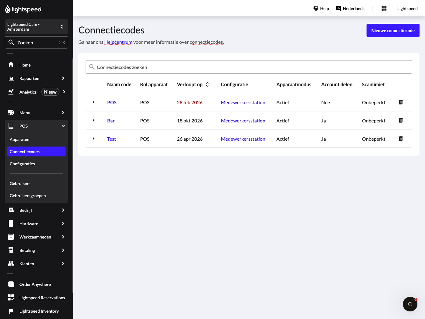 Pagina met connectiecodes in de backoffice.