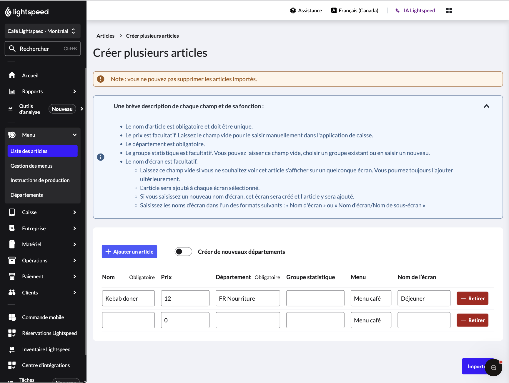 Page Importer des articles de l'arrière-boutique présentant des champs de renseignements sur les articles.