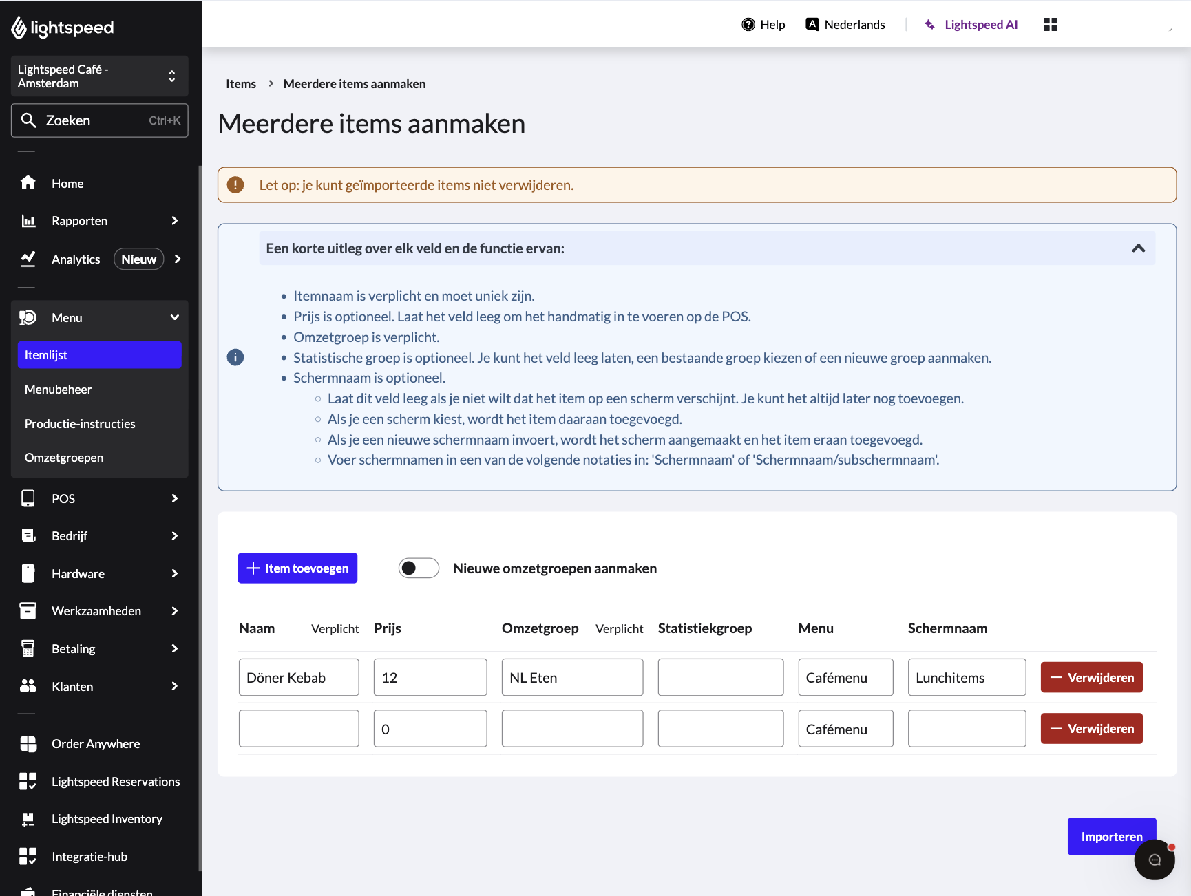 De backoffice-pagina 'Items importeren' met velden voor iteminformatie