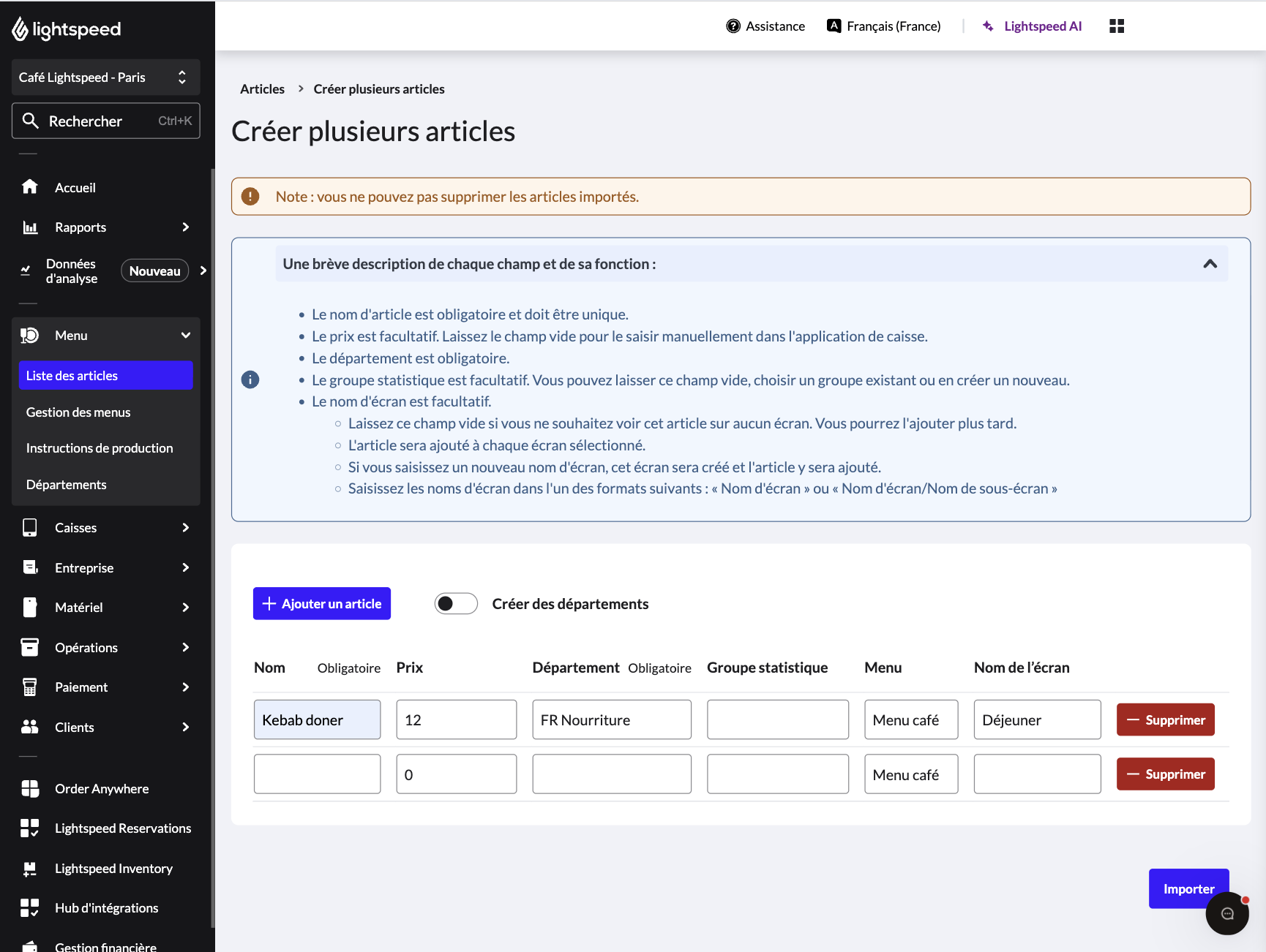 Page Importer des articles du back-office présentant des champs de renseignements sur les articles.