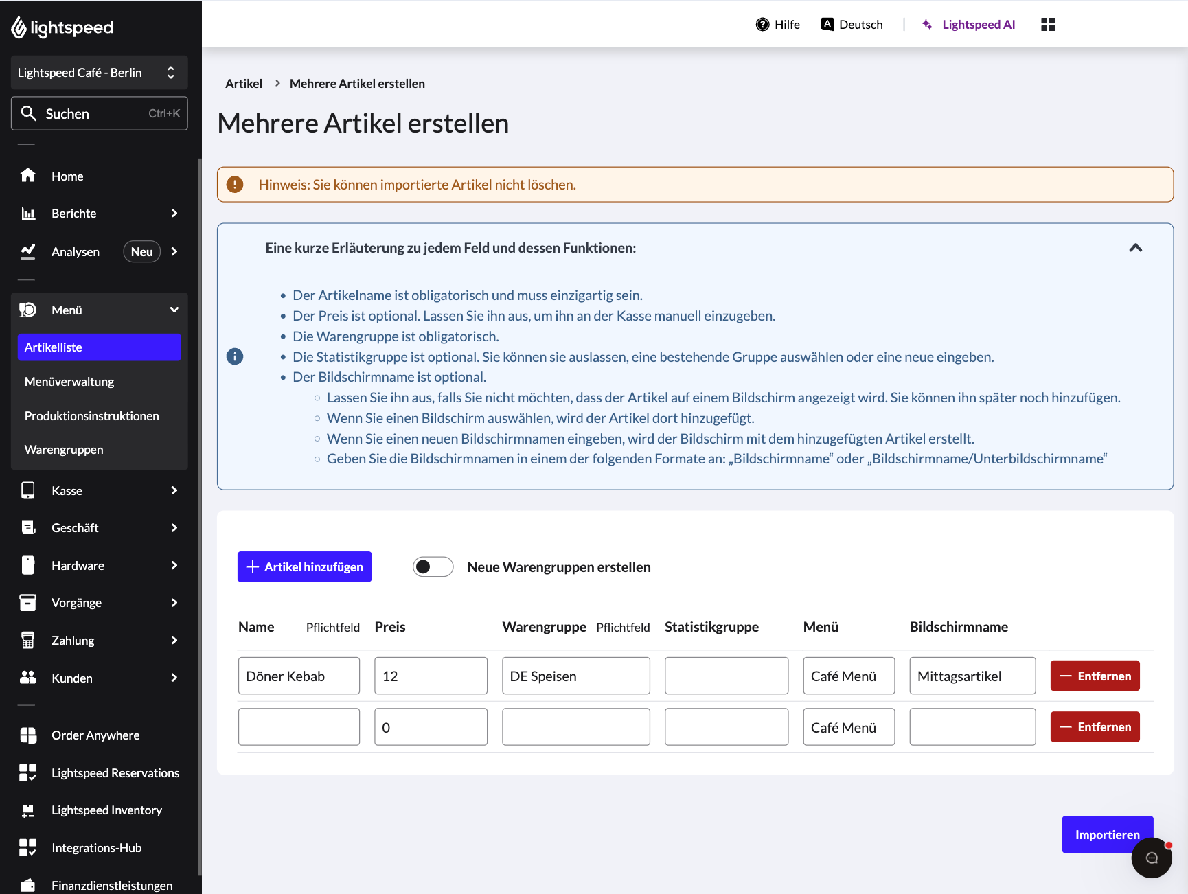 Die Backoffice-Seite „Artikel importieren“ mit Feldern für Artikelinformationen