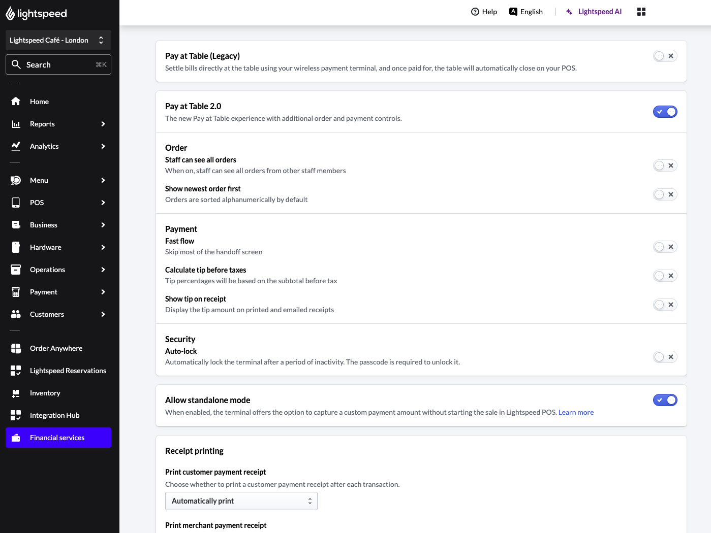 The Terminal Settings page in the Lightspeed Back Office.
