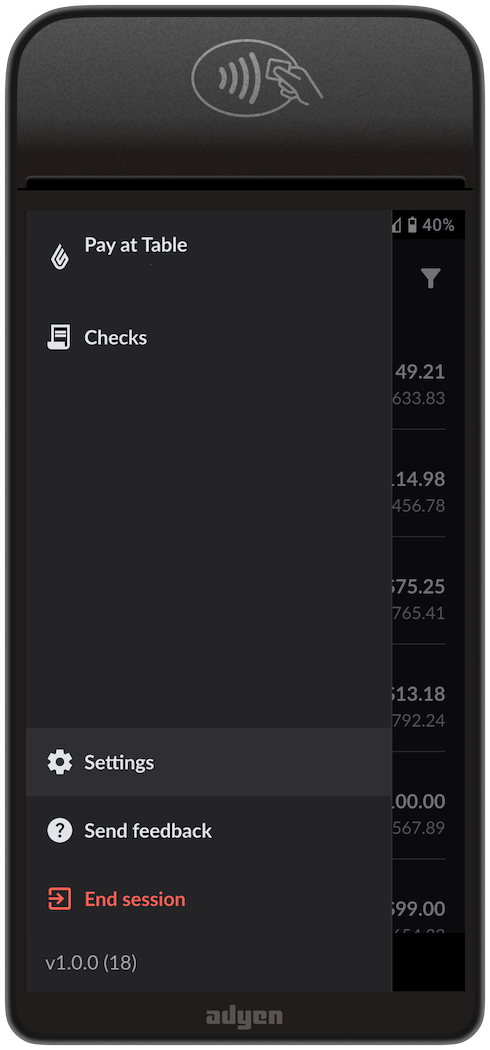 The payment terminal's menu screen for Pay at Table.
