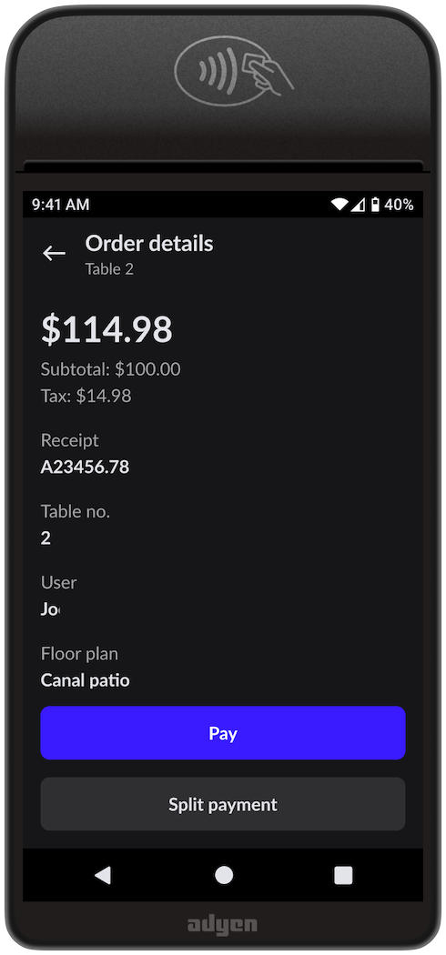 The payment terminal's Order details screen for Pay at Table.