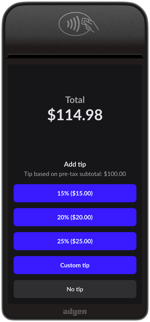 The payment terminal's tip menu screen for Pay at Table.