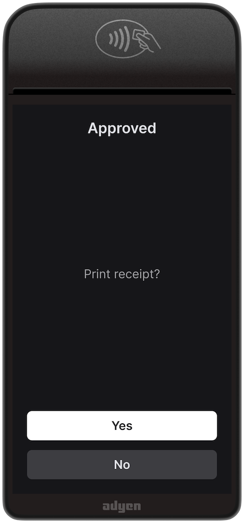 The payment terminal's screen prompting the customer to print a receipt.