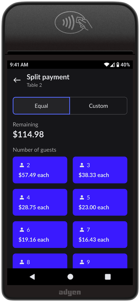 The payment terminal's split payment screen for Pay at Table. The option for equal splits has been selected.
