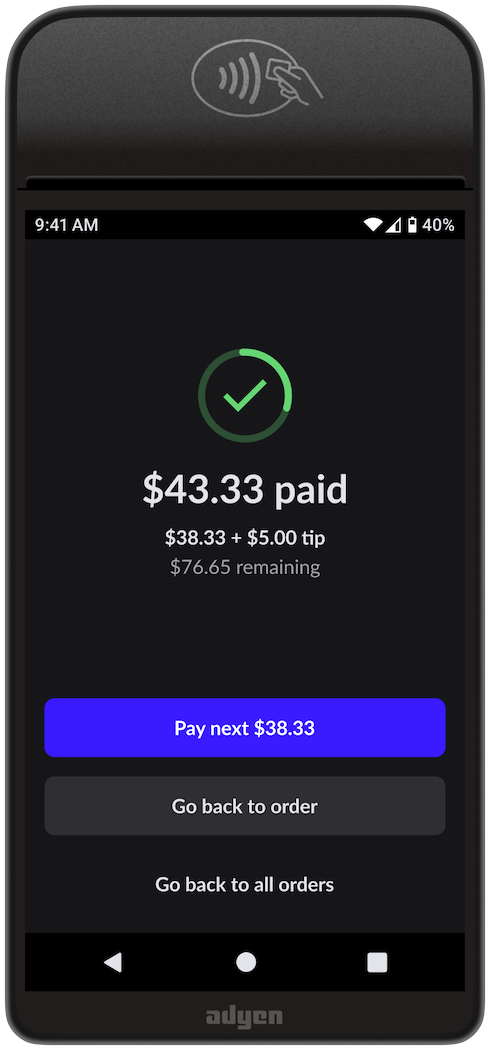 The payment terminal's payment confirmation page for split payments with Pay at Table.