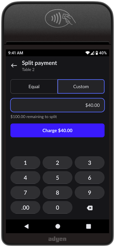 The payment terminal's split payment screen for Pay at Table. The option for custom splits has been selected.