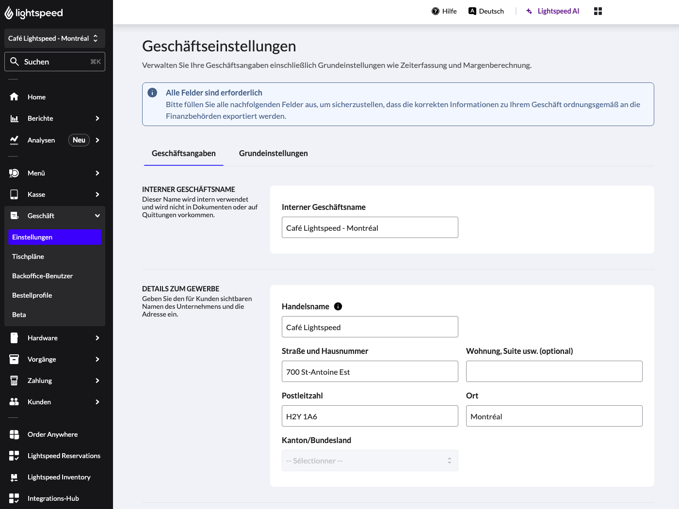 Die Seite mit den Geschäftseinstellungen im Lightspeed Restaurant Back Office.