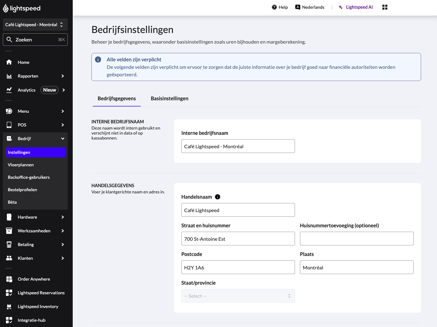 De pagina Bedrijfsinstellingen in de Lightspeed Restaurant Back Office.