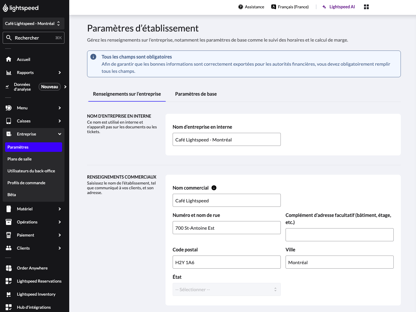 La page 'Paramètres d'établissement' dans le back-office de Lightspeed Restaurant.