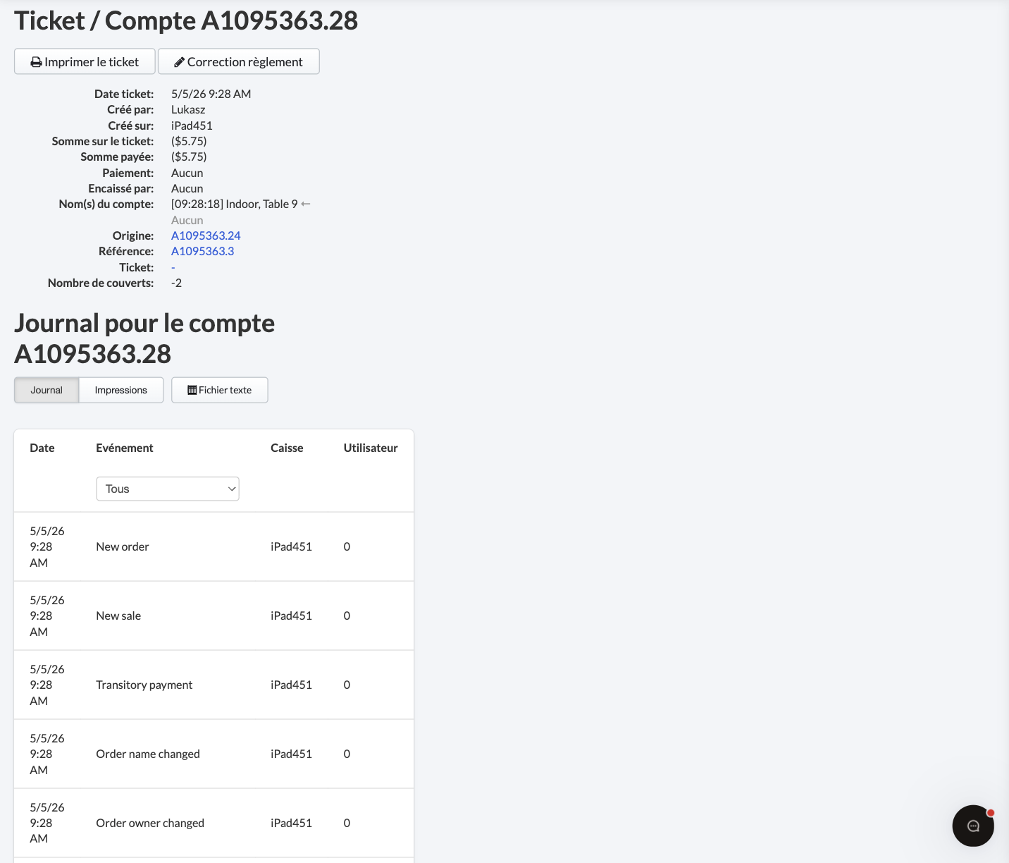 Cliquer sur un ticket depuis le rapport Tous les comptes vous permet de consulter plus de détails sur la transaction.