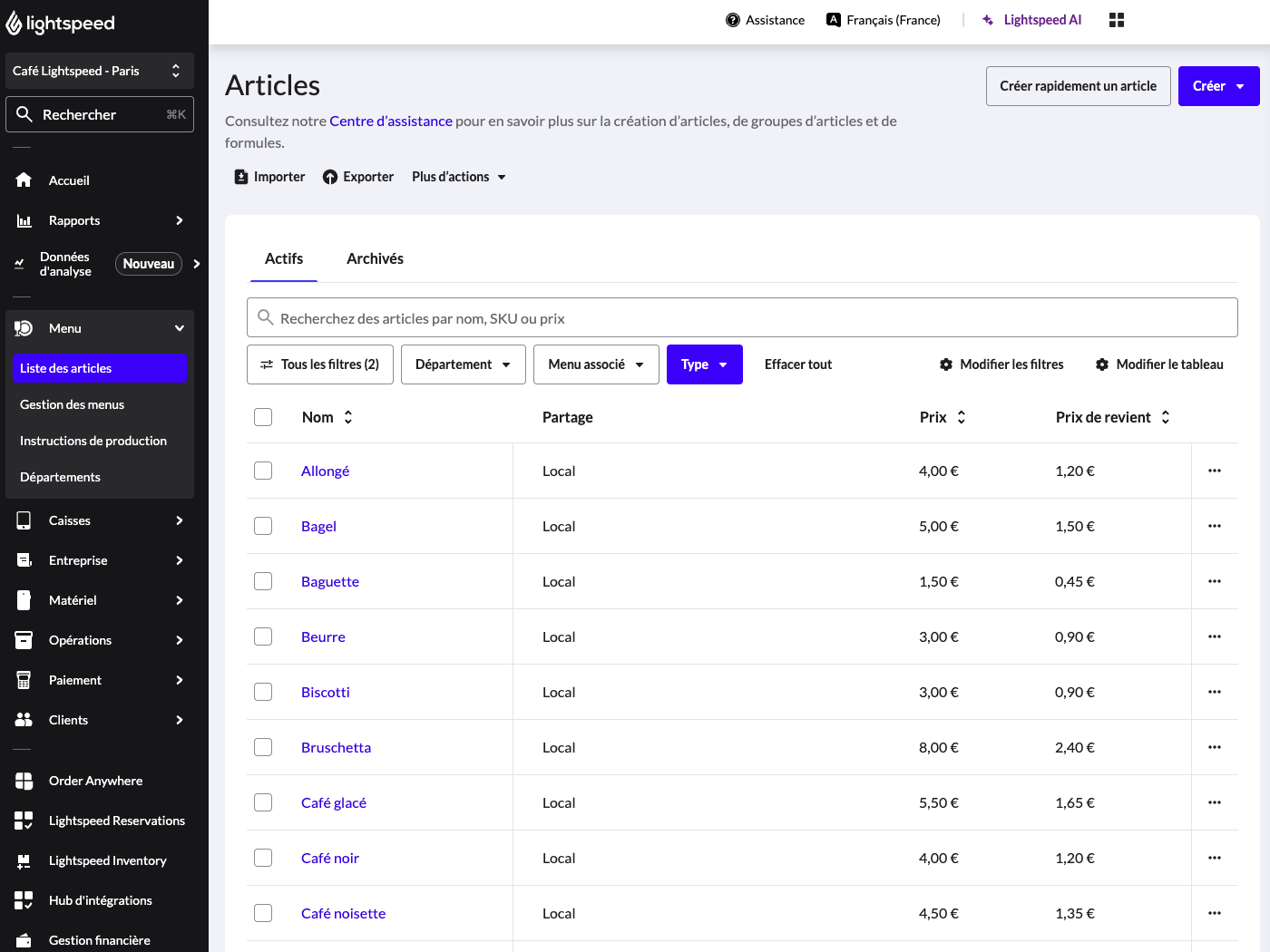 La liste des articles dans le back-office Lightspeed.