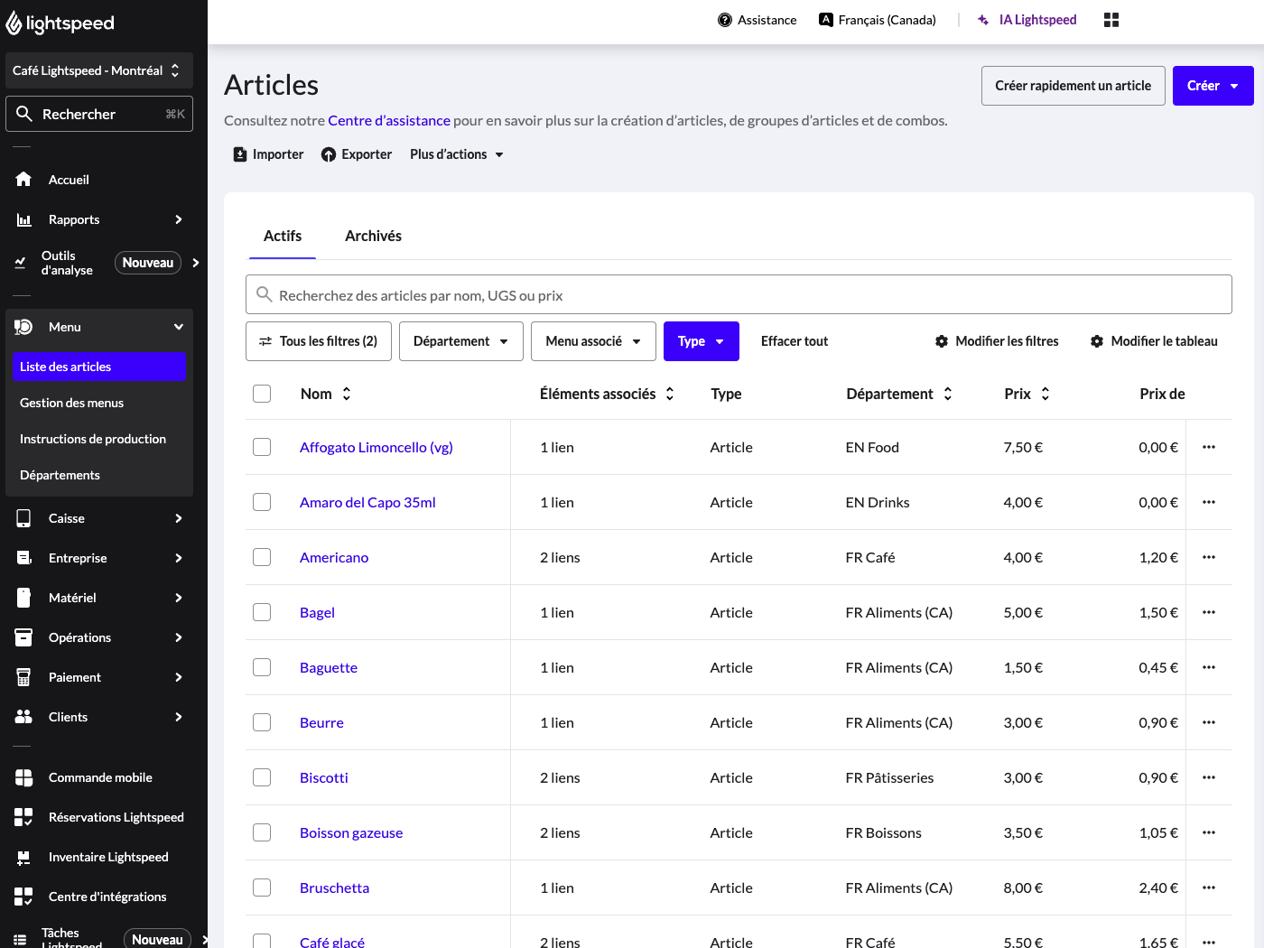 La liste des articles dans l'arrière-boutique Lightspeed.