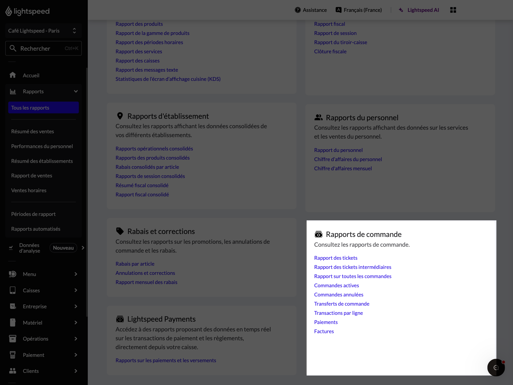 L'image montre la page d'accueil des rapports du back-office de Lightspeed Restaurant. La section intitulée 'Rapports de commande' est mise en surbrillance.