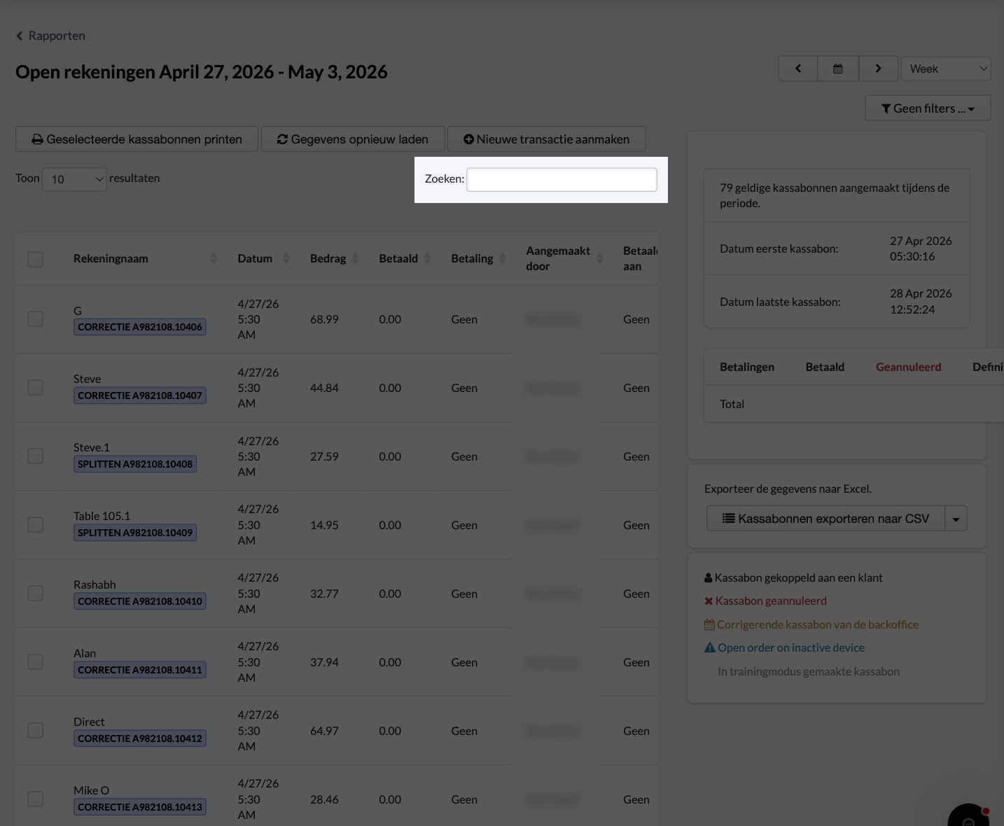 De zoekoptie stelt je in staat om te zoeken op rekeningnaam, bedrag, verkoper, ontvanger, apparaat, rekening of referentie.