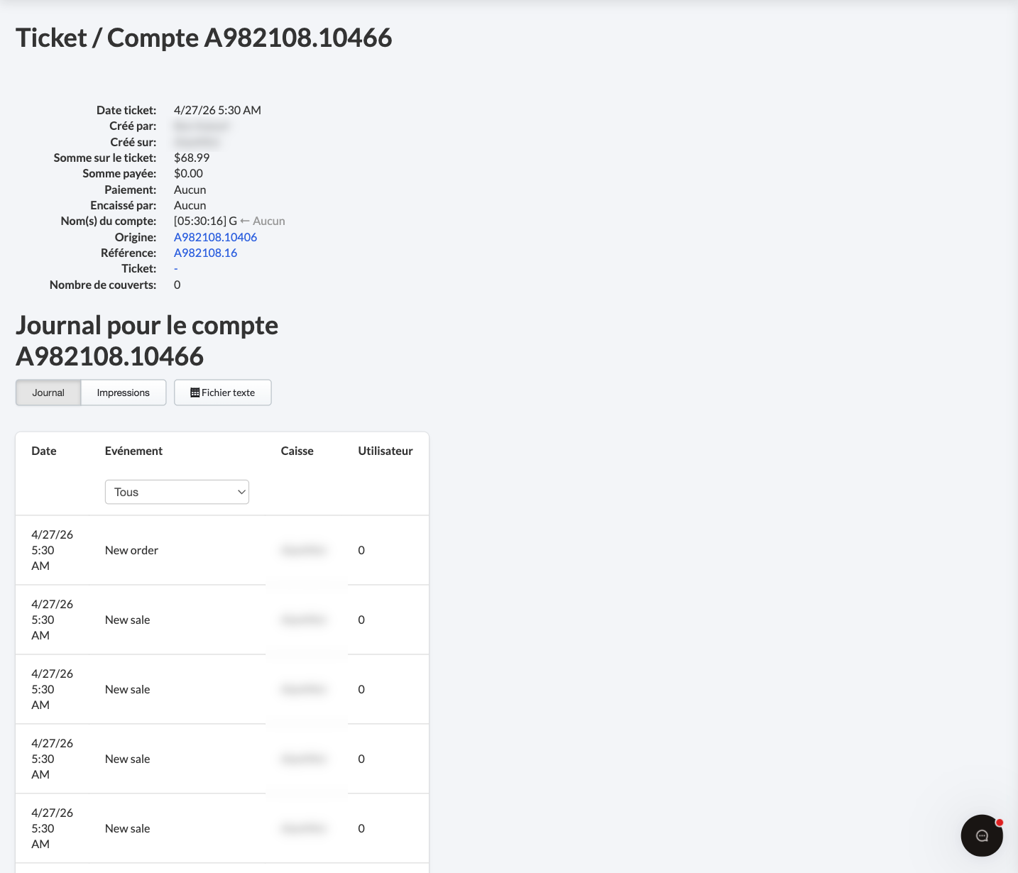 En cliquant sur un reçu du rapport Comptes ouverts, vous pouvez consulter plus de détails sur la transaction.