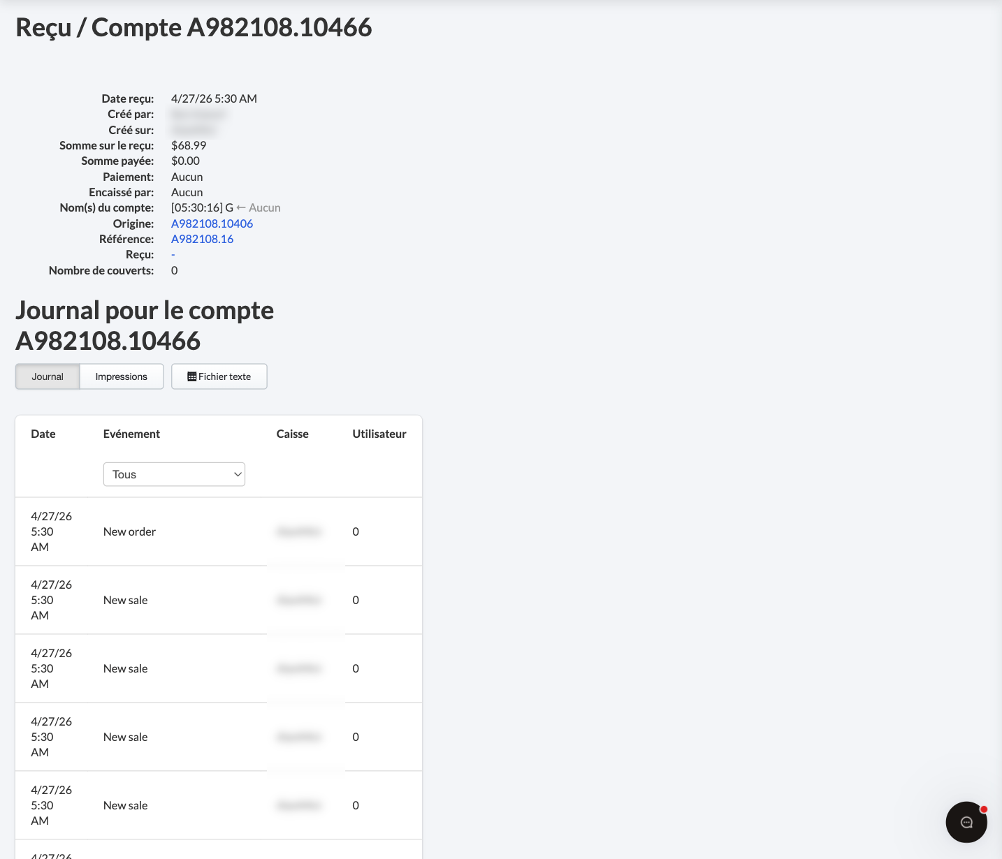 En cliquant sur un reçu du rapport Comptes ouverts, vous pouvez consulter plus de détails sur la transaction.