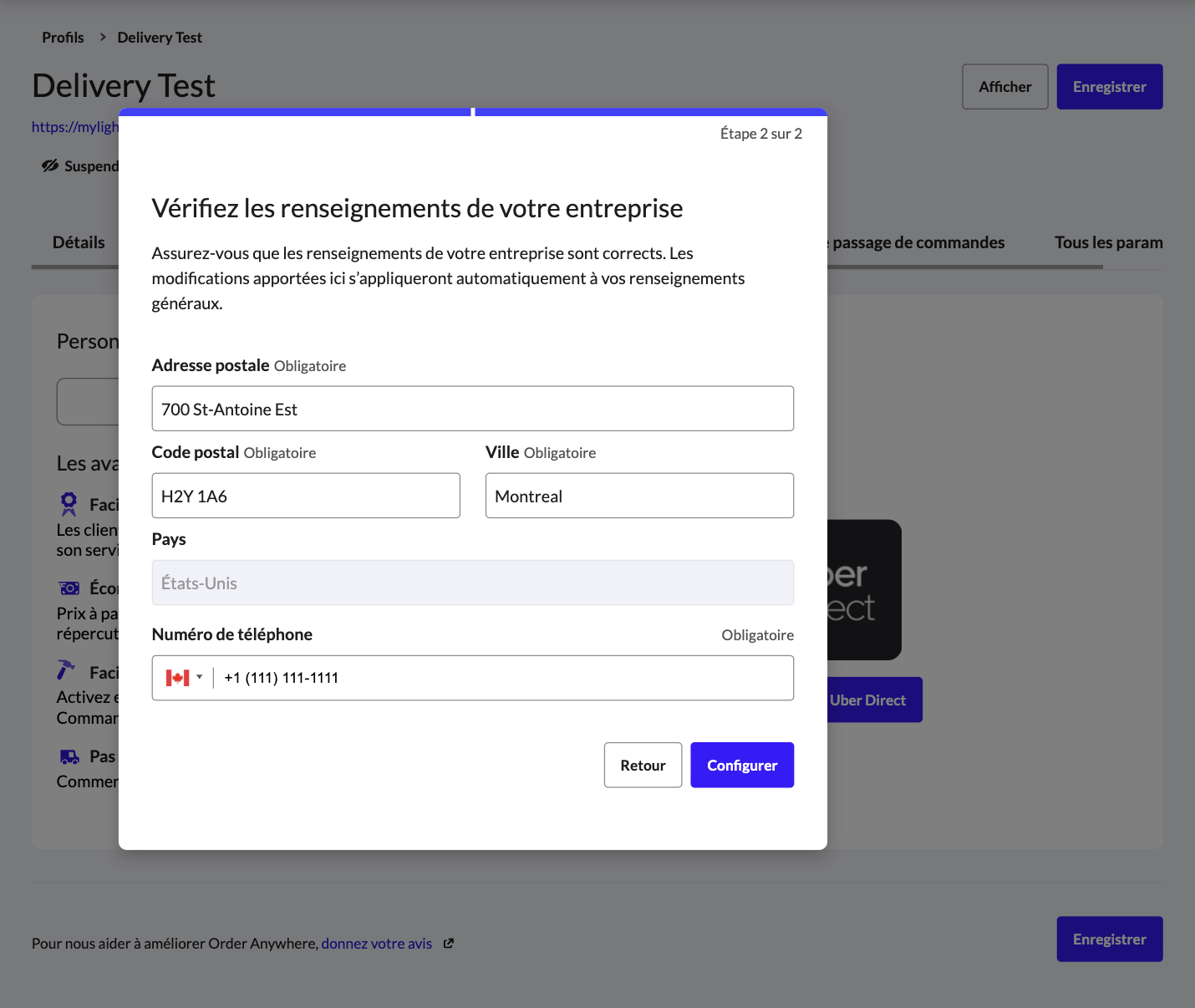 Fenêtre de vérification des renseignements sur l'entreprise Uber Direct