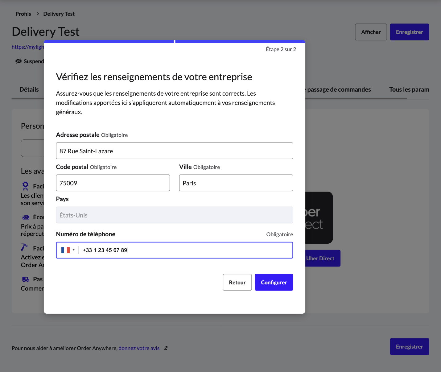 Fenêtre de vérification des informations sur l'entreprise Uber Direct