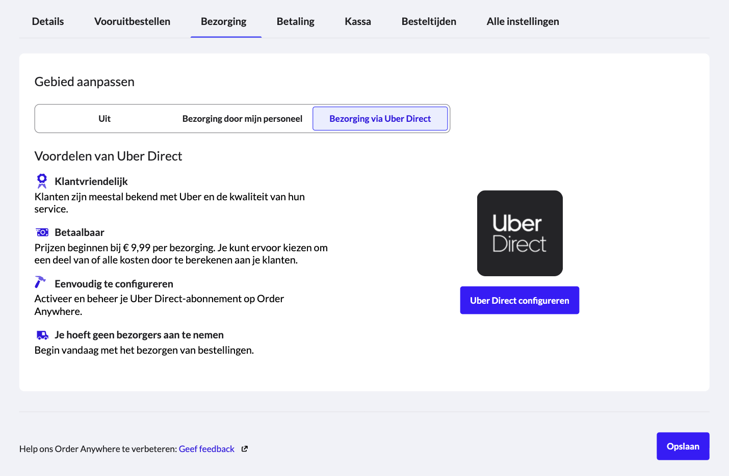 De pagina Uber Direct configureren