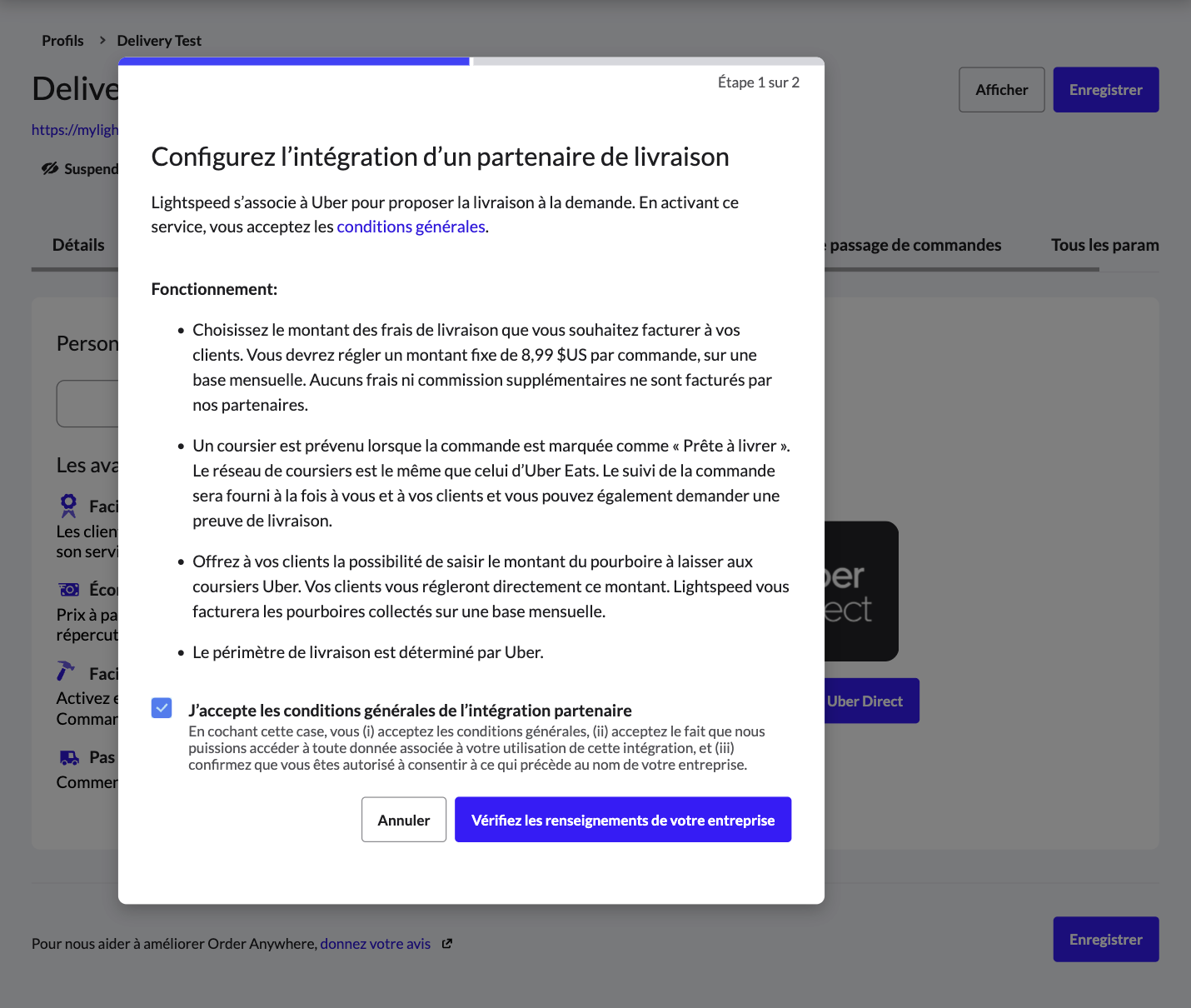 Écran de configuration d'une intégration du partenaire de livraison Uber Direct