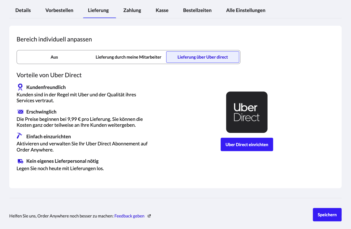 Die Seite „Uber Direct einrichten“