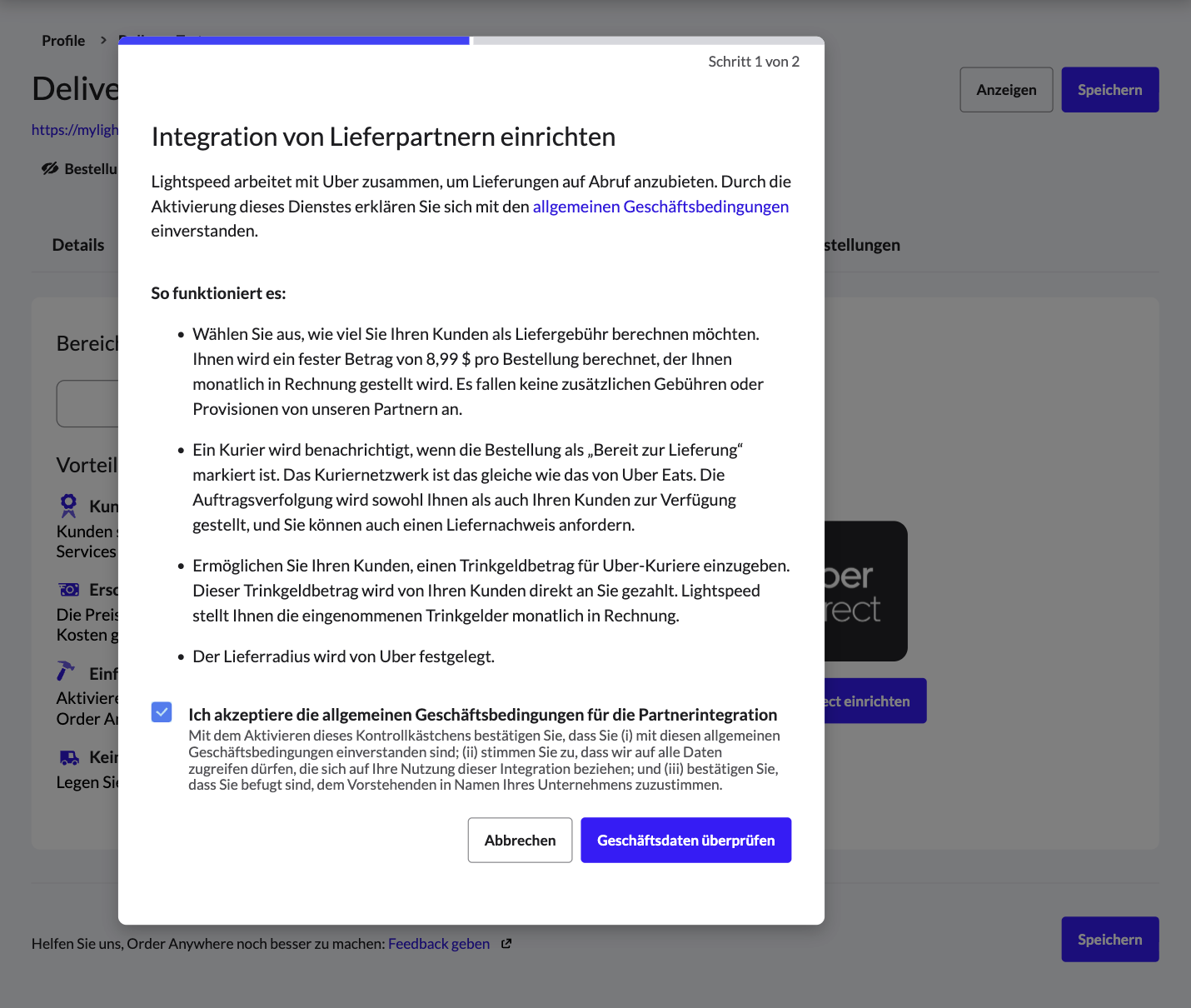 Bildschirm zum Einrichten der Lieferpartnerintegration in Uber Direct