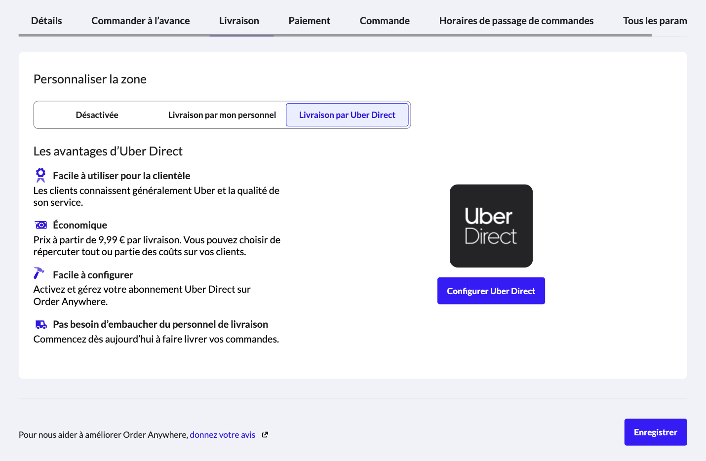La page 'Configurer Uber Direct'
