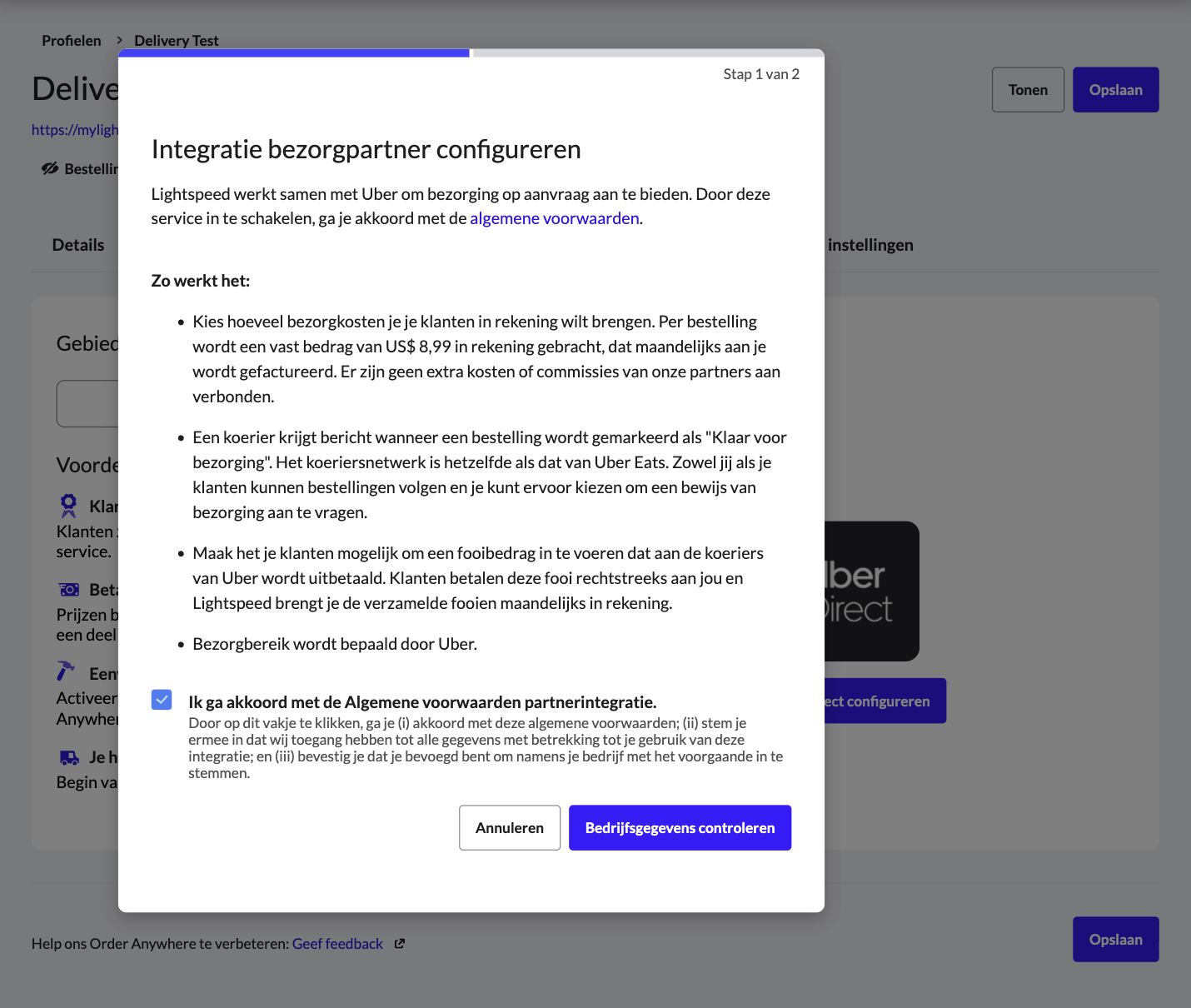 Scherm voor bezorgpartnerintegratie Uber Direct