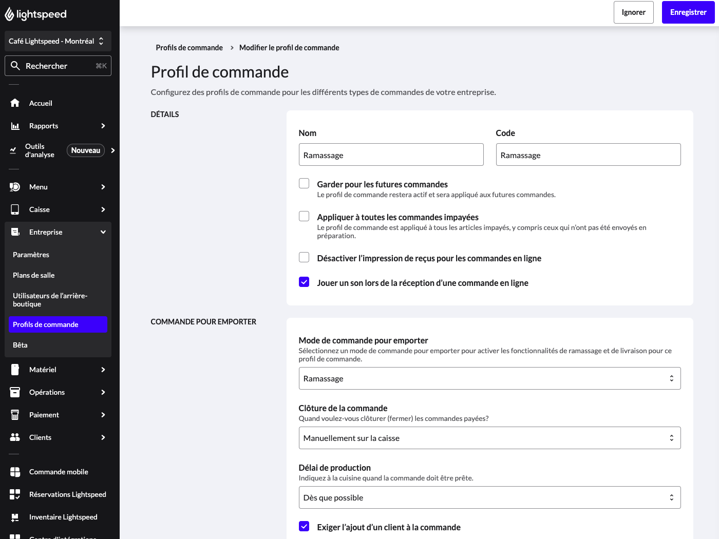 Profil de commande pour les commandes pour emporter
