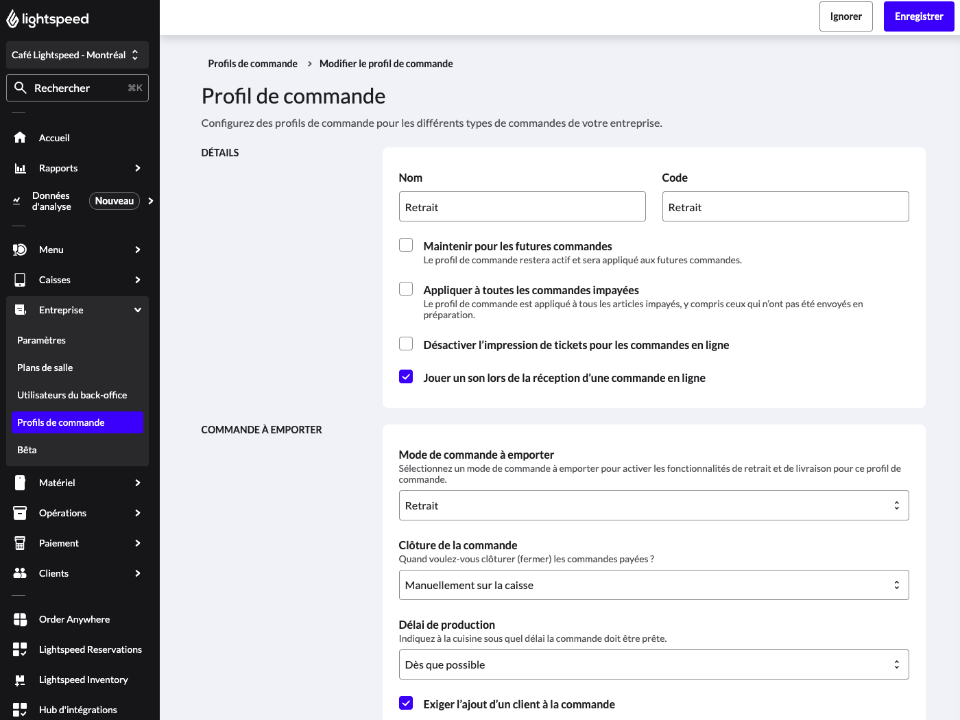 Profil de commande pour les commandes à emporter