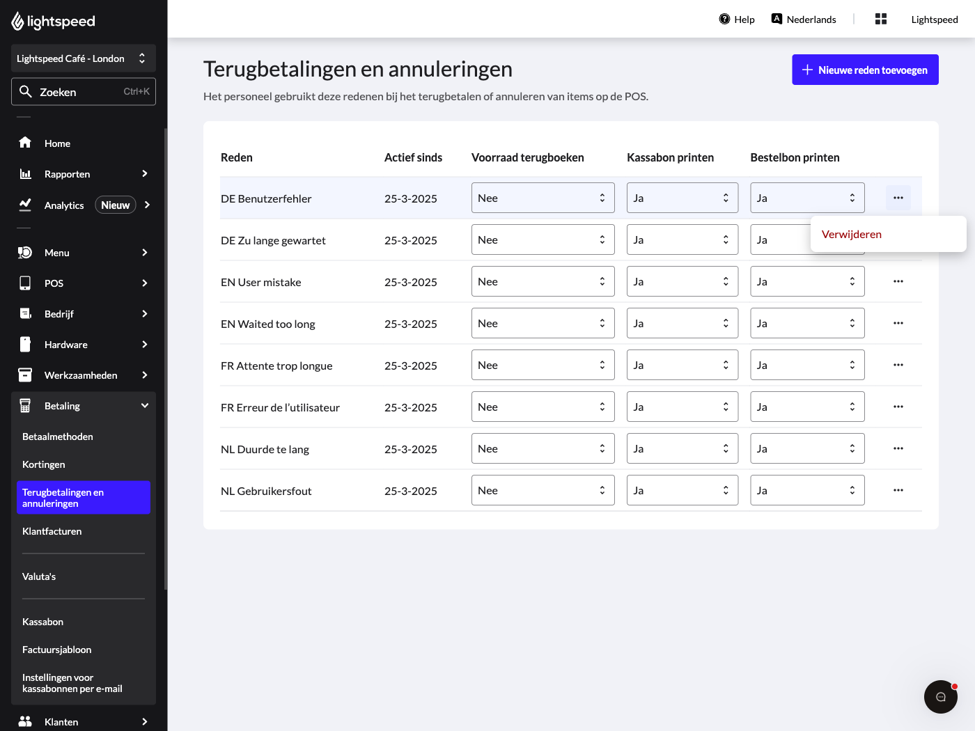 Dit is een afbeelding van de pagina Terugbetalingen en annuleringen in de Lightspeed-backoffice. Er is een rode knop met de tekst 'Verwijderen' zichtbaar.