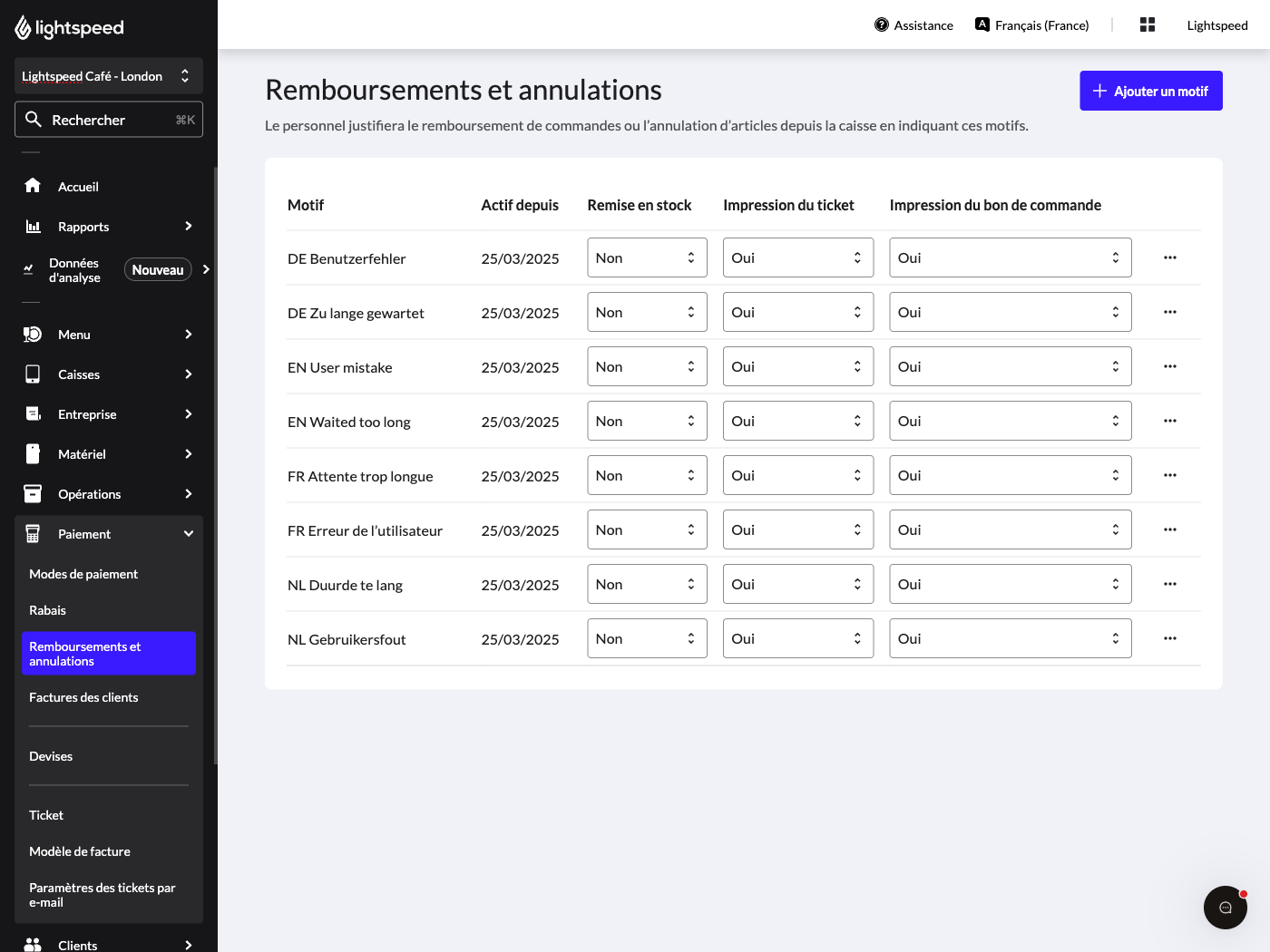 Image montrant la page Remboursements et annulations dans le back-office de Lightspeed.