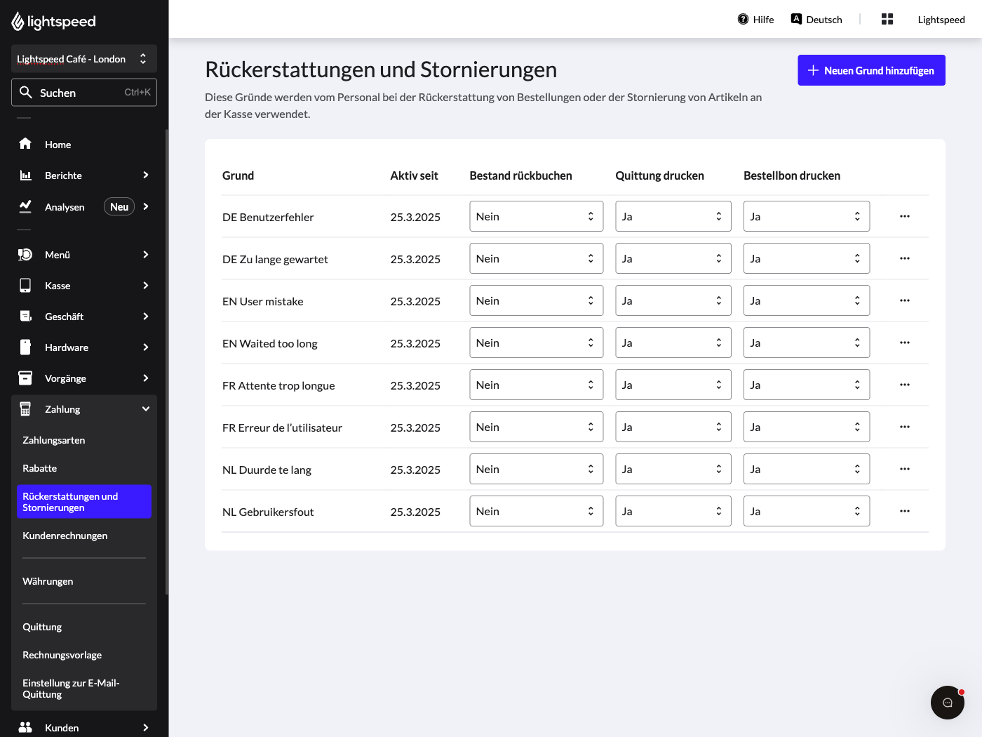 Das Bild zeigt die Seite „Rückerstattungen und Stornierung“ im Lightspeed Backoffice.