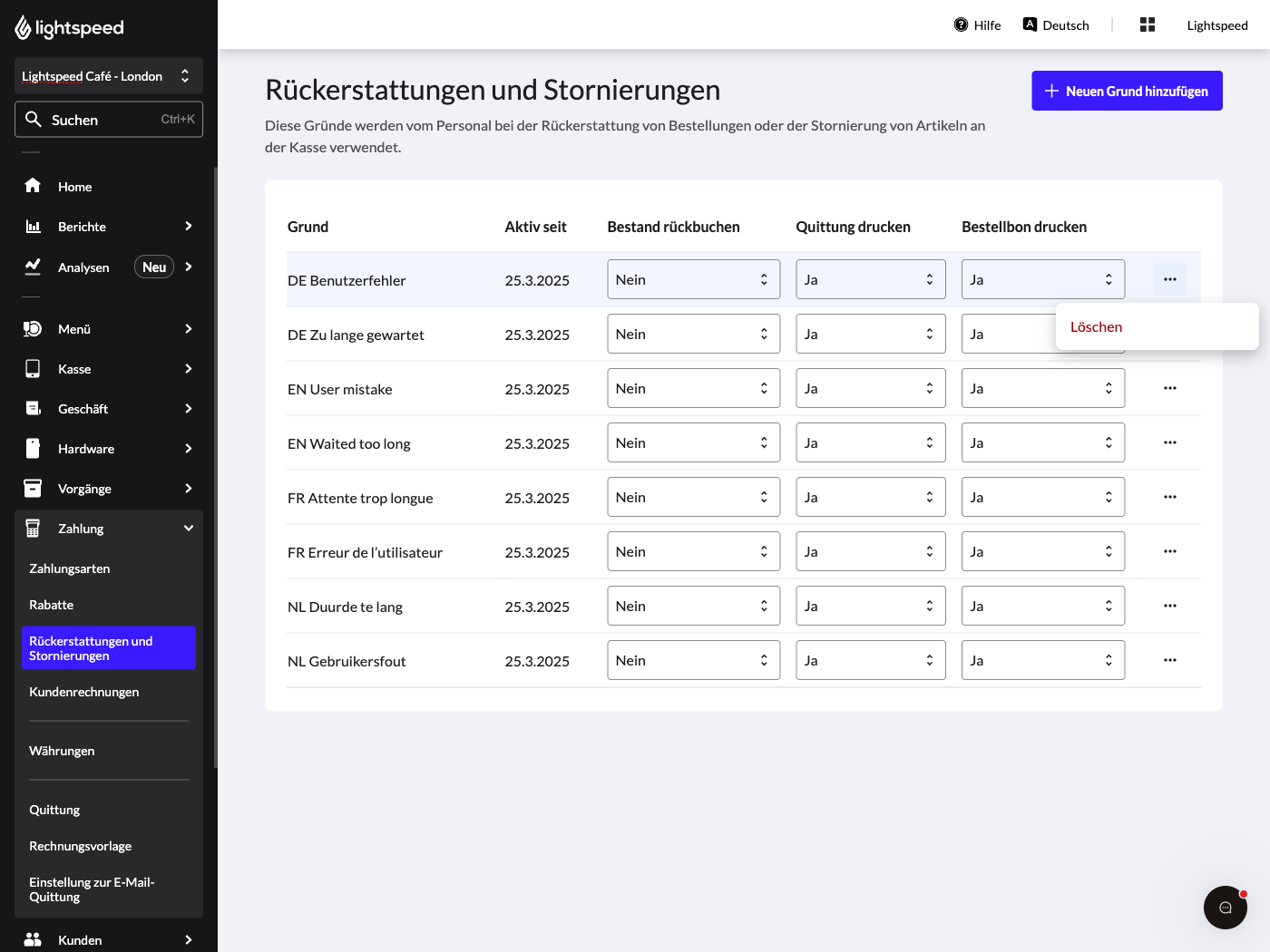 Das Bild zeigt die Seite „Rückerstattungen und Stornierung“ im Lightspeed Backoffice. Eine rote Schaltfläche mit der Aufschrift „Löschen“ wird angezeigt.