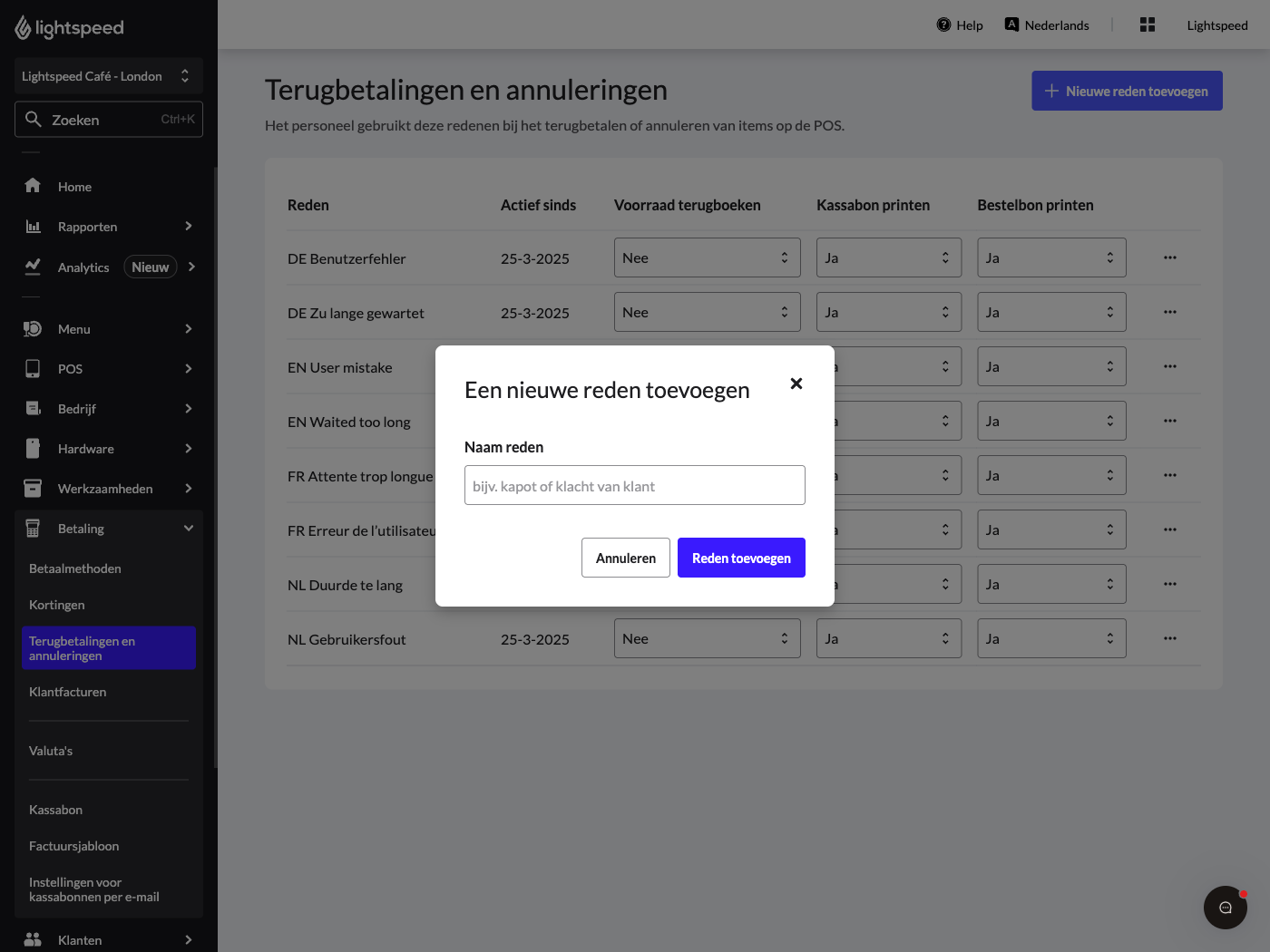 Dit is een afbeelding van de pagina Terugbetalingen en annuleringen in de Lightspeed-backoffice. Er is een pop-upvenster zichtbaar, met daarin een veld waarin je de naam van de nieuwe terugbetalingsreden in kan voeren.