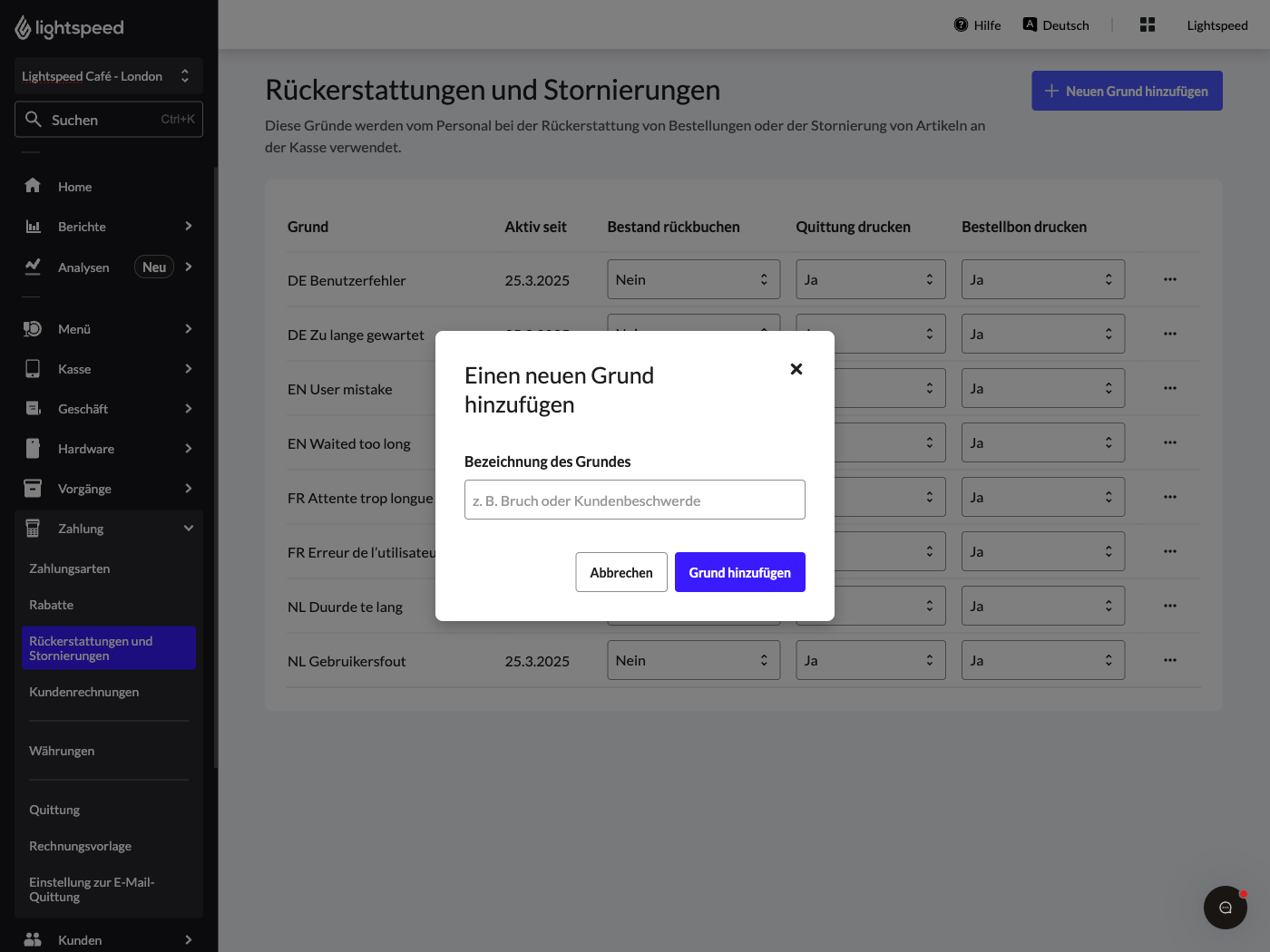 Das Bild zeigt die Seite „Rückerstattungen und Stornierung“ im Lightspeed Backoffice. Ein Popup-Fenster mit einem Feld zur Eingabe des Namens des neuen Rückerstattungsgrunds ist sichtbar.